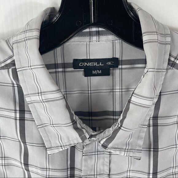 O'Neill Shirt Short Sleeve Button Up Black Gray Plaid Camp Men's Size Medium - Picture 3 of 8